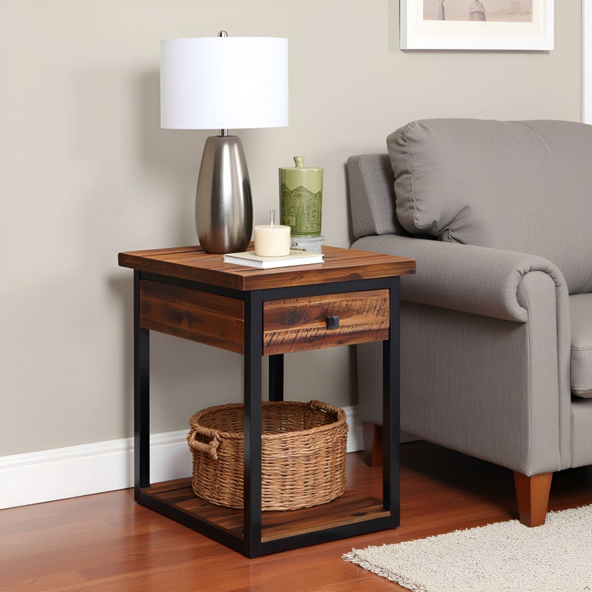 Claremont Rustic Wood End Table with Drawer and Low Shelf Dark Brown - Alaterre Furniture - thumbnail 6