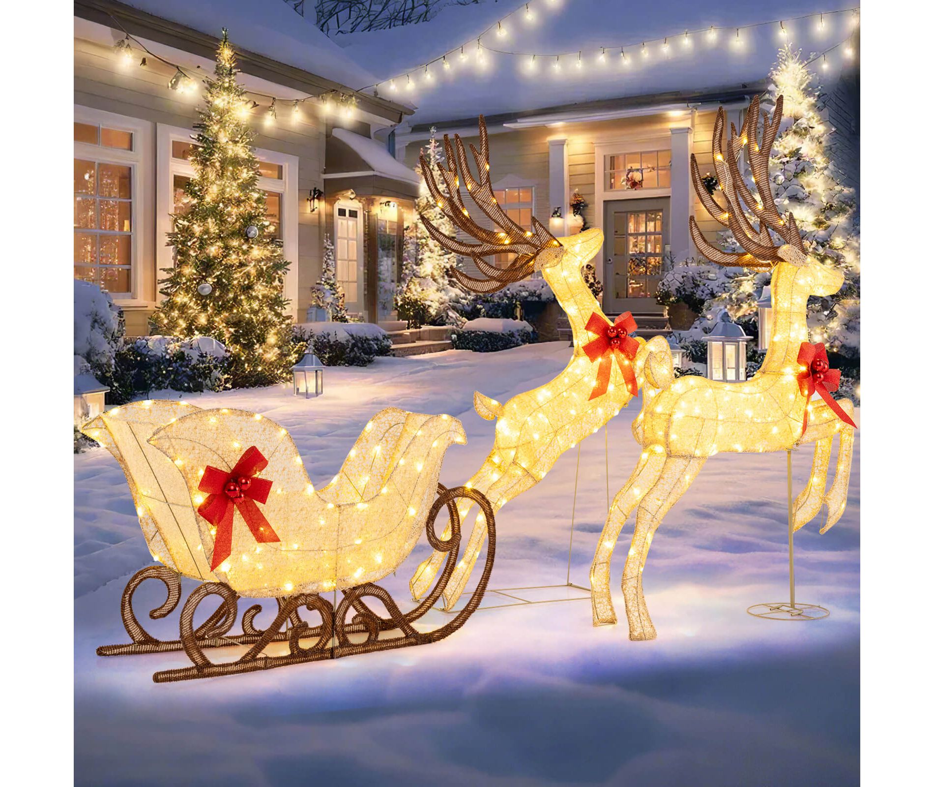 Costway 3PCS Christmas Lighted Reindeer Sleigh Set with 280 White LED Lights Ground Stakes