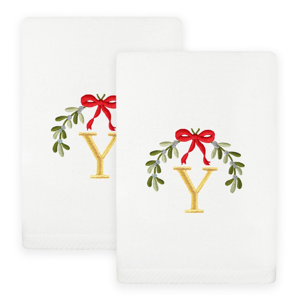Linum Home Textiles Christmas MISTLETOE MONOGRAM - Embroidered Luxury 100% Turkish Cotton Hand Towels (Set of 2) 	 White