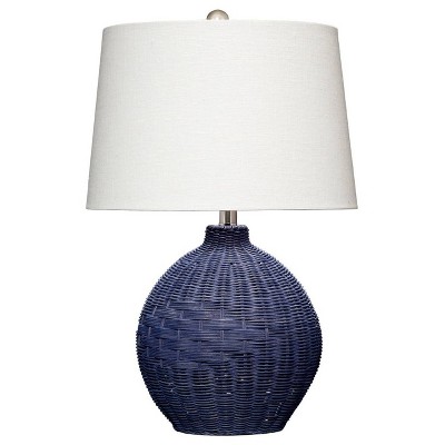 Indigo Blue Handwoven Rattan Table Lamp with Linen Shade