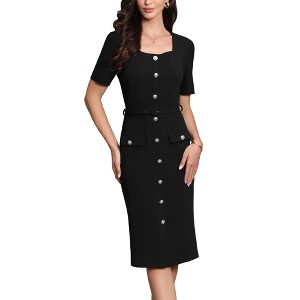 INSPIRE CHIC Women's Work Square Neck Button Decor Belted Short Sleeve Vintage Sheath Midi Dresses - 1 of 4