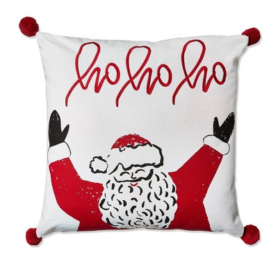 tagltd 20"x20" Christmas White Ho Ho Ho Santa Cotton with Pom Poms Accent Decorative Throw Pillow Poly Filled Removable Insert Square
