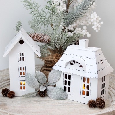 White Galvanized Steel Christmas Village Candle Lantern Set