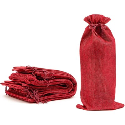 12-Pack Jute Wine Gift Bag with Drawstring, Burlap Wine Bottle Holder Linen Wrapping for Anniversary Wedding Events, Red, 14" x 6"