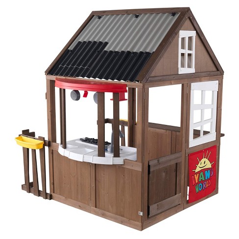 Kidkraft Ryan S World Kids Toddlers Outdoor Backyard Playhouse Playset W Kitchen And Door Wood And Plastic Construction Brown Target