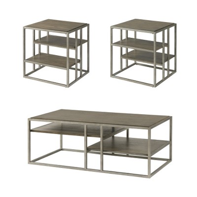 Vynxaria Series 50 in. Gray Brown Rectangular Wood End Table with Metal Frame and Shelves