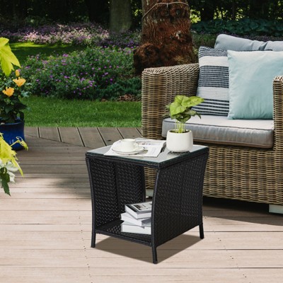 VisioGear Square End Table, Outdoor Bistro Coffee Table with Glass Top Storage Shelf for Porch Garden Backyard, Black, 17.9"*17.9"*20"