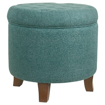 Elegant Teal Tufted Round Ottoman with Textured Weave and Storage