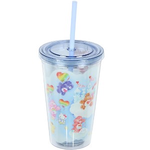 Hello Kitty and Friends x Care Bears Allover Cloud Character Design Reusable Tumbler 16 oz Acrylic Travel Cup with Lid and Straw Blue - 1 of 3