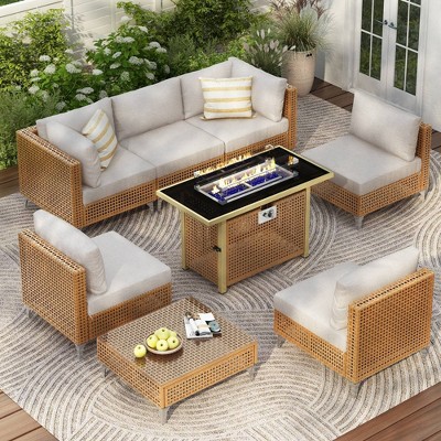 Nestfair 8pc Wicker Outdoor Sofa Set with Fire Pit Table and Coffee Table Beige