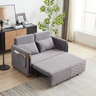 54" Sleeper Sofa,Velvet Sleeper Sofa With Detachable Arm Pockets And Pillows,Pull-Out Sofa Bed,Multi-position adjustable Sleeper Sofa-Cuddlewood