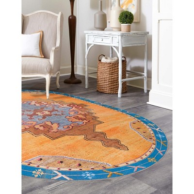 Timeless Orange and Blue Oval Chenille Rug 5' x 8'