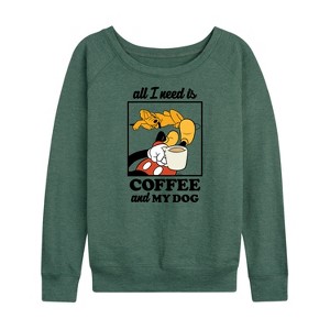 Women's - Disney - Coffee And My Dog Lightweight French Terry Wide Neck Long Sleeve Shirt - 1 of 4
