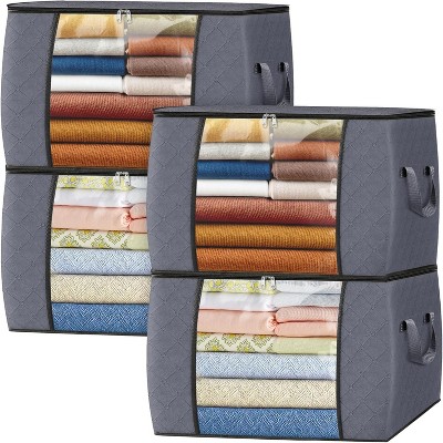 Attop 4-Pack 90L Foldable Storage Bags - Extra Large Thick Fabric Organizers with Handles & View Window for Blankets, Clothes, Quilts (Gray)