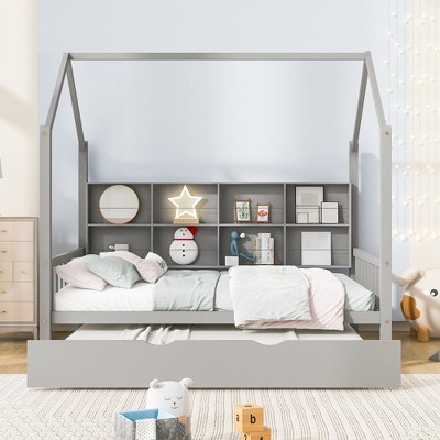 Wooden Twin Size House Bed With 2 Drawers, Storage Shelf Kids' Bed, Multifunctional Sky Roof House Bed Frame