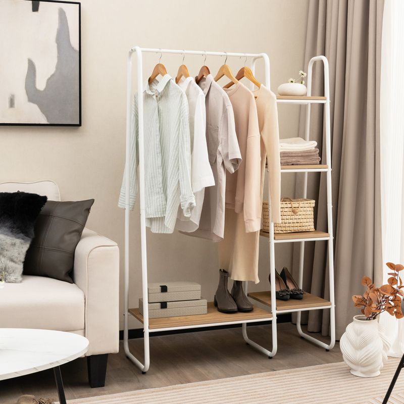Tangkula Clothes Rack with Shelves, Free-Standing Metal Garment Clothing Rack with Hanging Rod 5 Wooden Shelves Adjustable Foot Pads Natural+White/ Rustic Brown+Black, 3 of 10