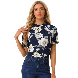 INSPIRE CHIC Women's Ruffled Short Sleeve Floral Mock Neck Summer Top - 1 of 4