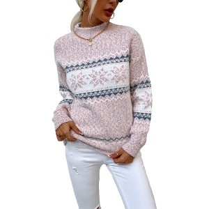 Womens Pullover Sweater Turtleneck Snowflakes Sweater Christmas Sweater Ribbed Knit Long Sleeve Sweater - 1 of 4