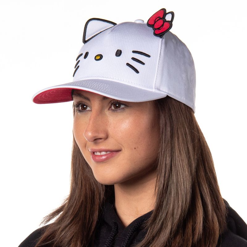 Hello Kitty Embroidered Face Whiskers Adult Snapback Hat With 3D Ears And Bow White, 2 of 6