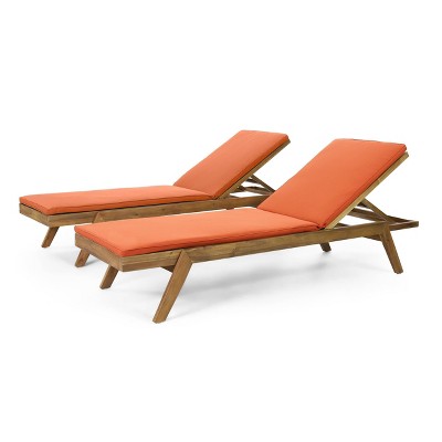 Caily 2pk Outdoor Acacia Wood Chaise Lounges with Cushions - Teak/Orange - Christopher Knight Home