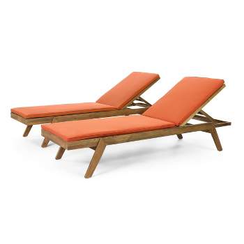 Caily 2pk Outdoor Acacia Wood Chaise Lounges with Cushions - Teak/Orange - Christopher Knight Home
