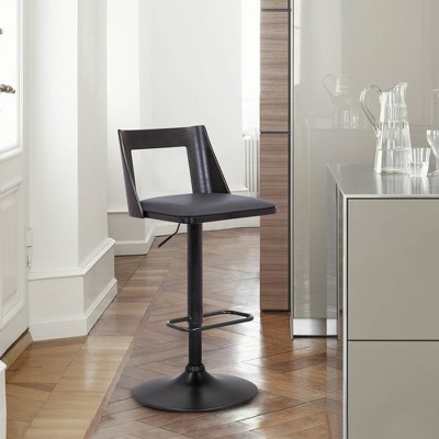 Milan Adjustable Swivel Gray Faux Leather & Black Wood Barstool