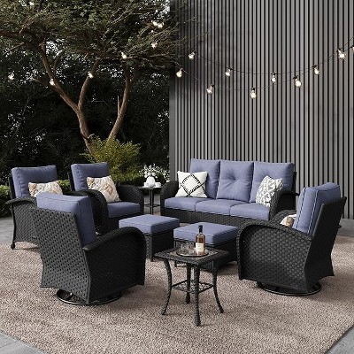LayinSun Outdoor Patio Furniture Set, Black Rattan Wicker Sectional Swivel Rocker Chairs Sets