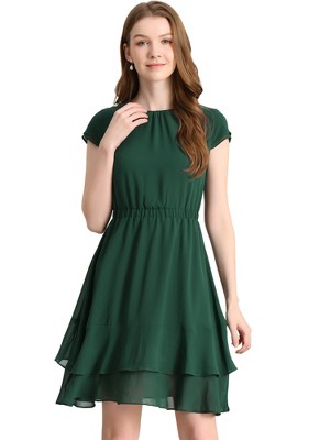 Allegra K Women's Work Ruffle Hem Cap Sleeve High Waist A-Line Layered Midi Dress