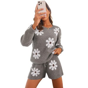 Ekouaer Fuzzy Fleece Pajamas 2 Piece Warm Soft Lounge Set Long Sleeve Sweater Top and Shorts Loungewear Outfits Sweatsuits - 1 of 3