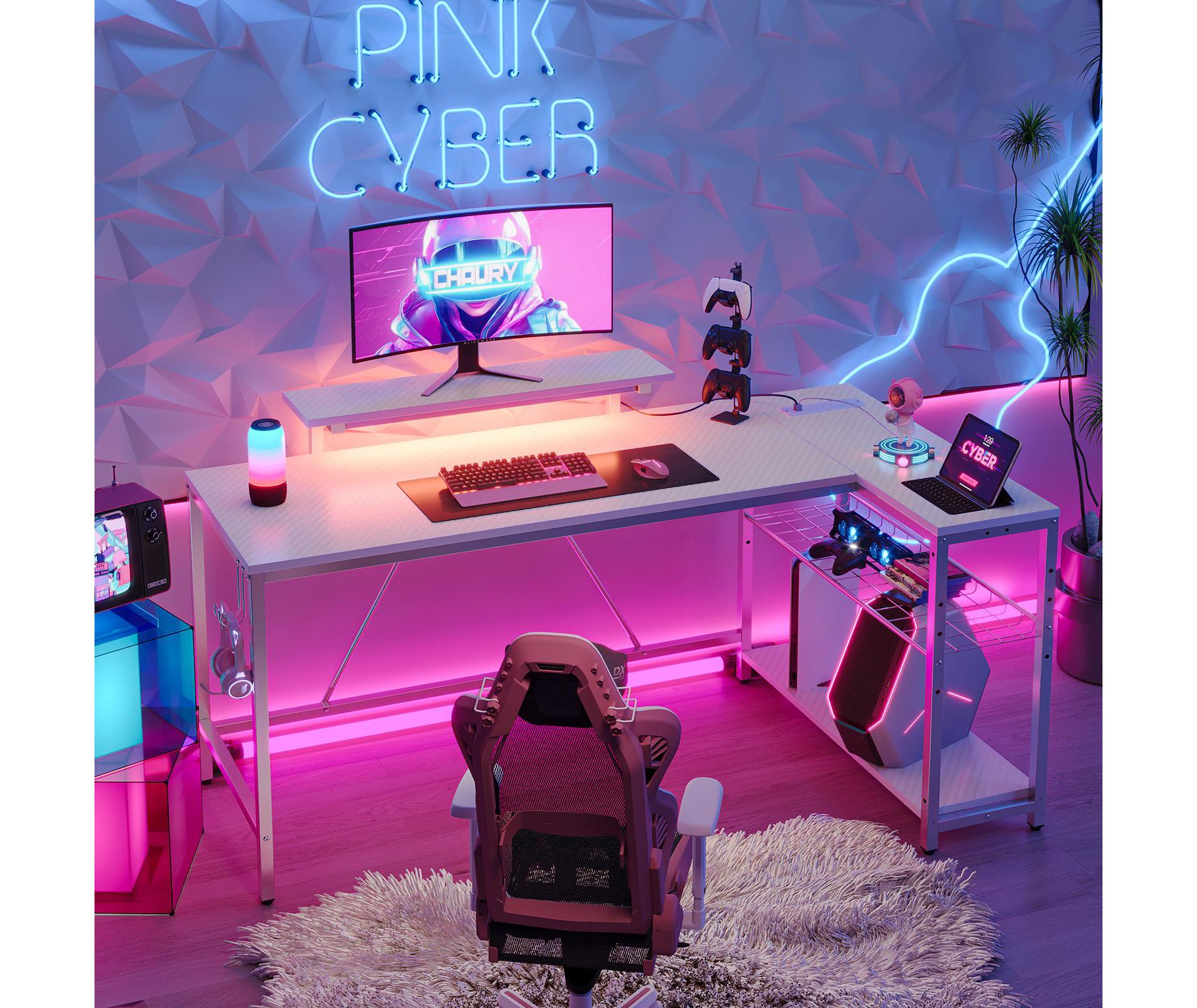 Bestier 58" Gaming Desk with LED Lights L Shaped Desk with Power Outlet & Monitor Stand Corner Computer Desk, White