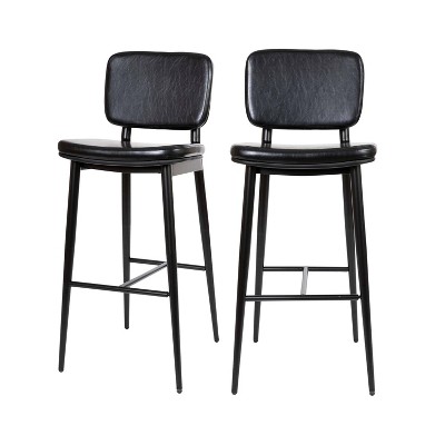 Set of 2 Faux Leather Contemporary Black Metal Frame Barstools with Integrated Footrest - Merrick Lane