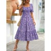 Women's Summer Smocked Midi Dress Casual Square Neck Puffy Short Sleeve Tiered Ruffle Dresses - 2 of 4