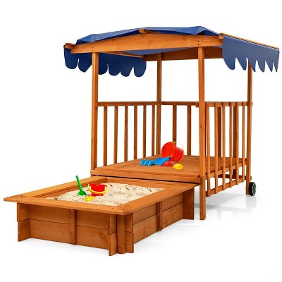 Costzon Kids Sandbox with Wooden Playhouse, Detachable Panels, Spacious Outdoor Sandpit for Boys & Girls to Play Under the Sun (Backyard)