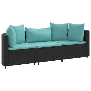 vidaXL Patio Sofa Set with Cushions Lounge Setting Outdoor Furniture Poly Rattan - Black and Blue 3 Piece - 1 of 4