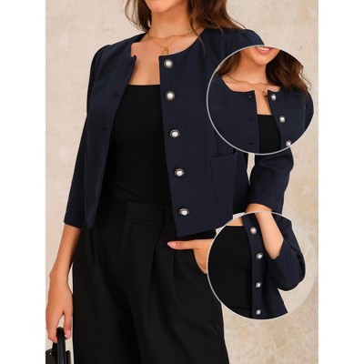 Allegra K Women's Collarless 3/4 Sleeve Lightweight Pockets Button Down Work Suit Blazer Dark Blue X-Large — фото 2