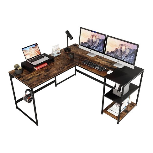 L-Shaped Desk with Hutch and Storage Shelves, 59 Inch Corner Computer Desk with Bookshelf and Monitor Stand - Vintage Brown - Tribesigns