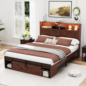 Dolonm Farmhouse Queen/Full size Bed Frame, Platform Bed Frame with Storage Space, Headboard, Drawers,Power Outlet & USB Ports, and LED Lights - 1 of 4