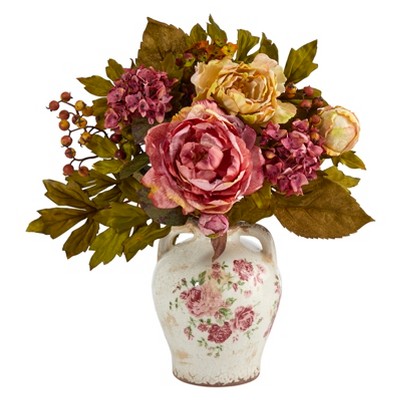 Nearly Natural 16-in Peony Artificial Arrangement in Flower Print Jar