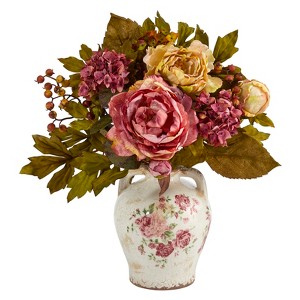 Nearly Natural 16-in Peony Artificial Arrangement in Flower Print Jar - 1 of 4