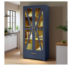 61 Inch Farmhouse Kitchen Pantry Cabinet with Adjustable Shelves Glass Display LED Lights Storage Organizer for Dining Living Room Home Furniture - 1 of 4