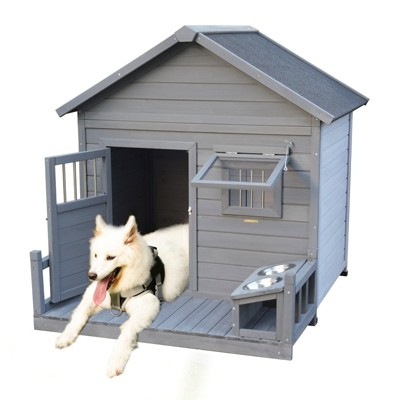 VisioGear Large Balcony Doghouse with Large Terrace, Weatherproof Large Dog House, Grey, 44.2"*44.6"*44.6"