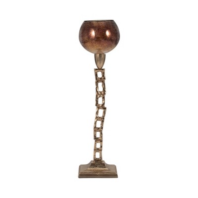 Glam Aluminum and Glass Pillar and Taper Candle Holder with Structural Square Chain Stem and Decorative Globe Cup on Square Base