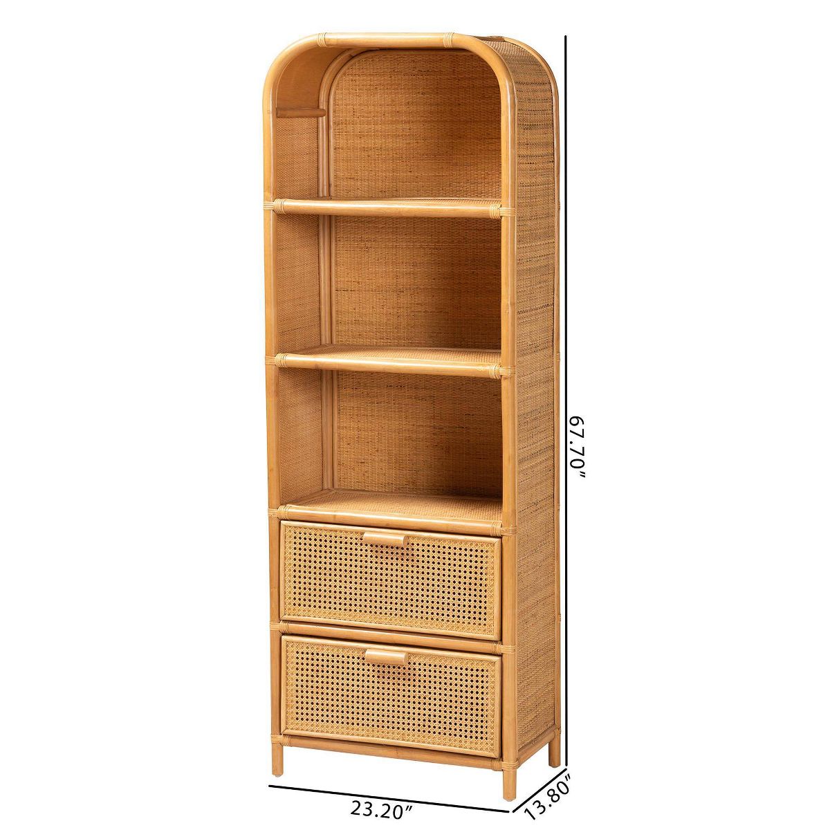 bali & pari 67.7" Curacao Rattan 2 Drawer Bookcase Light honey: Plywood Frame, 3-Tier, No Assembly Required - thumbnail 10