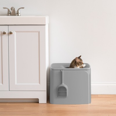 Gray Premium Top Entry Cat Litter Box with Scoop
