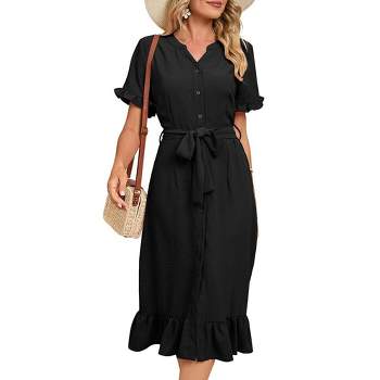 Women's Button Down Midi Shirt Dress Summer Short Sleeve Tie Waist Split Business Casual Work Long Maxi Dresses