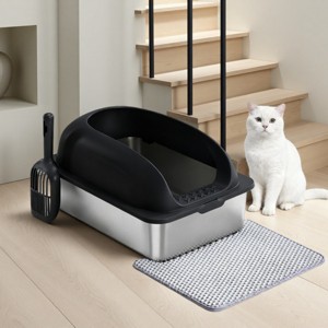 FONTOI Enclosed Stainless Steel Litter Box with High Sides Scoop Mat Large Cat Litter Pan with Lid for Big Cats, Easy Clean, Black 23.6"* 15.7"*11.8" - 1 of 4