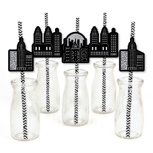 Big Dot of Happiness Nighttime City Skyline - Paper Straw Decor - New York Party Striped Decorative Straws - Set of 24 - 1 of 4