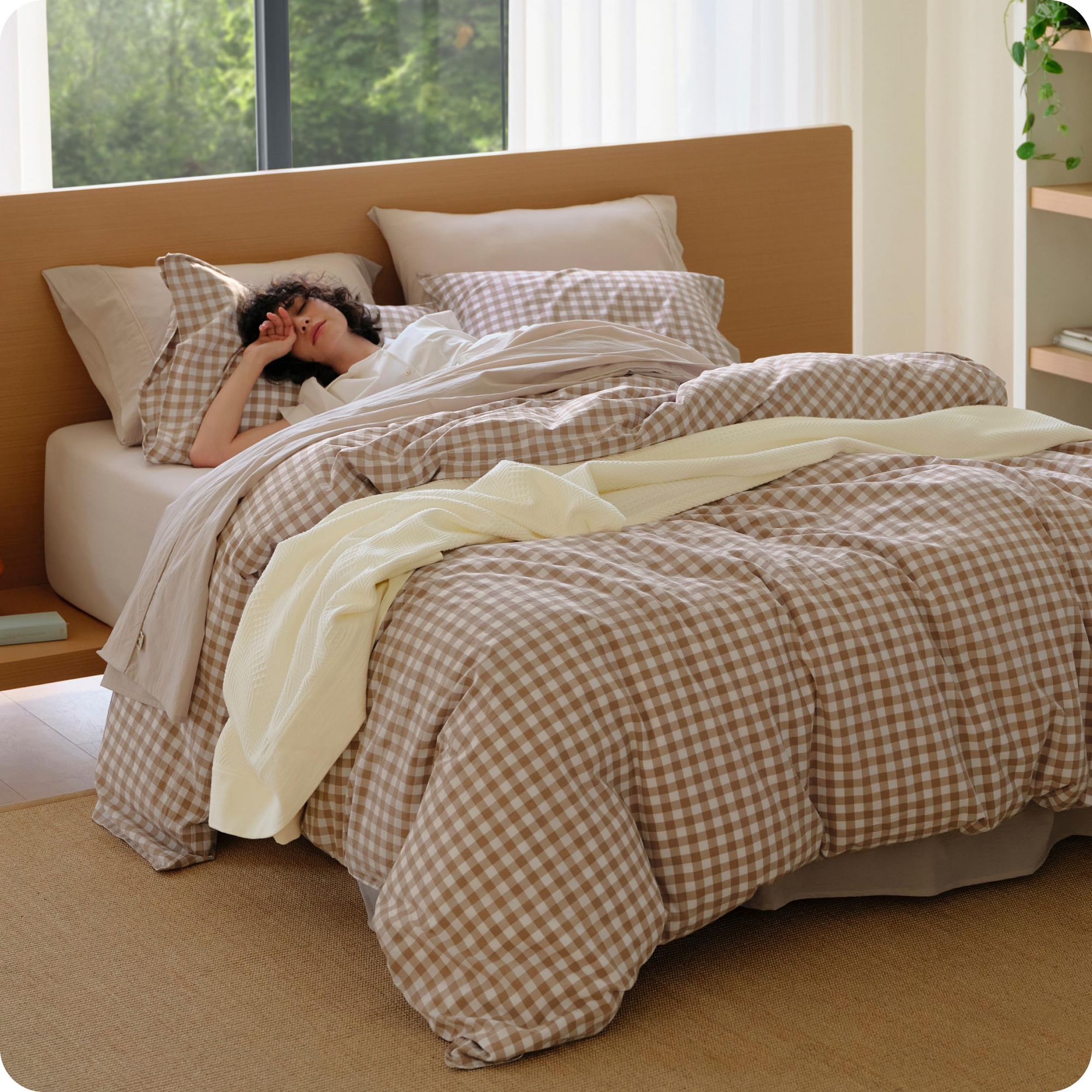 Bedsure Light Brown King 3 Piece Gingham Duvet Cover Set 100% Washed Cotton Linen Like Reversible Yarn Dyed Bedding Set All Season Mother's Day Gift