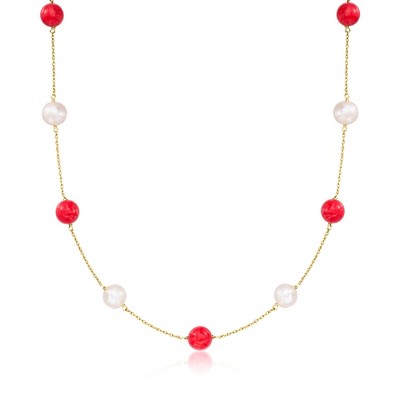 Ross-Simons 8-8.5mm Cultured Pearl and 8mm Red Coral Bead Station Necklace in 14kt Yellow Gold Size 18