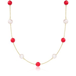 Ross-Simons 8-8.5mm Cultured Pearl and 8mm Red Coral Bead Station Necklace in 14kt Yellow Gold Size 18 - 1 of 3